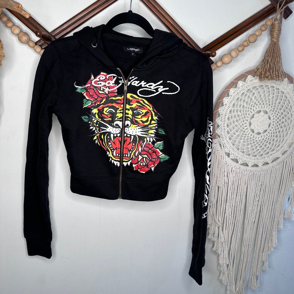 Vintage Y2K Ed Hardy Black Lion Rose Full Zip Crop Hoodie